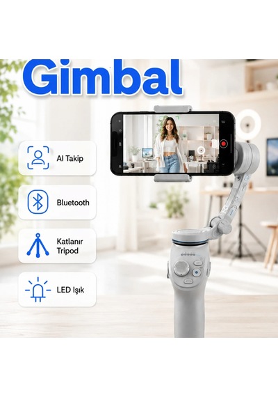 Aı Takipli Telefon Gimbali Led Işıklı, Bluetooth Kontrollü, Katlanabilir Tripod Ve Selfie Stick