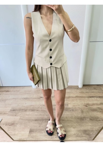 Defymoda Takım Görünümlu Yelekli Mini Elbise- Bej Bej