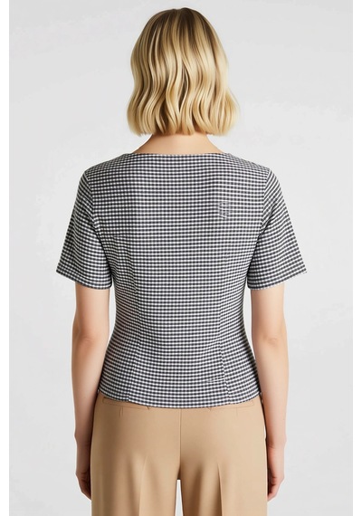 Benerly Kadın Bluz Crop V Yaka Kısa Kol Ekose Kareli Desen Düğmeli Fitted siyah