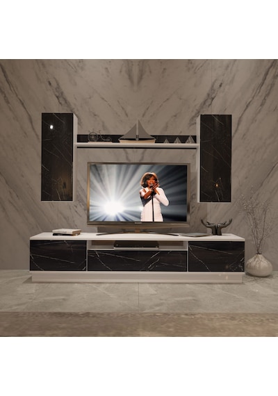 Decoraktiv Trio 5ds Mdf Tv Ünitesi Tv Sehpası Beyaz - Siyah Mermer