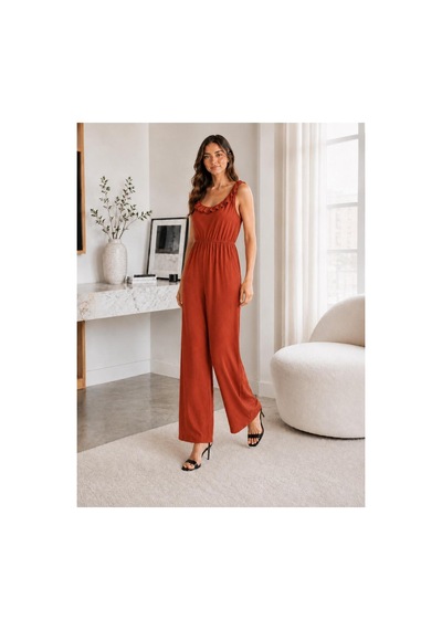 Unika Boutique Kadın Bürümcük Askılı Fırfırlı Bol Paça Tulum Kiremit