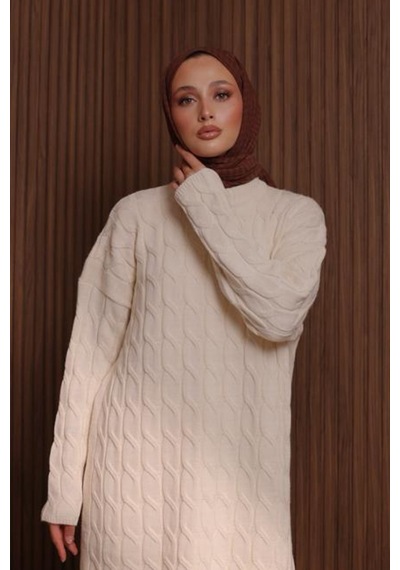 Balenbi Kadın Oversize Saç Örgü Desen Pantolonlu Tesettür Triko Takım 1135 Krem