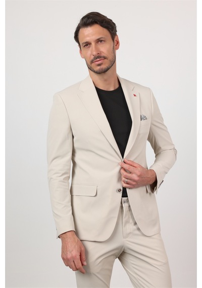 İmza Kendinden Desenli Mono Yaka 6 Drop Slim Fit Takım Elbise 1001260162 Bej