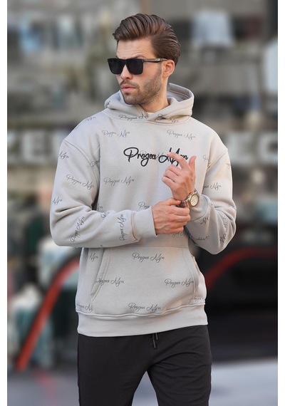 Madmext Boyalı Gri Baskılı Kapşonlu Cep Detaylı Erkek Sweatshirt 7075 Gri