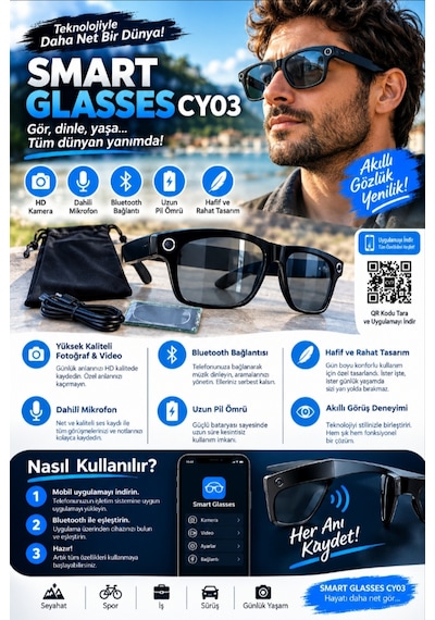 Cy03 Kameralı Akıllı Gözlük - Bluetooth Hd Fotoğraf Video Çekimi - Müzik - Telefon Görüşmesi - Sesli Asistan