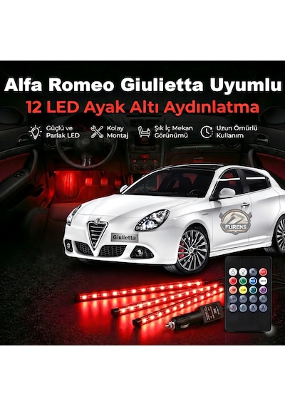 Alfa Romeo Giulietta Uyumlu Rgb Ayak Altı Led 12 Led Kumandalı Müzik Duyarlı Araç İçi Aydınlatma 7 Renk 12v 1