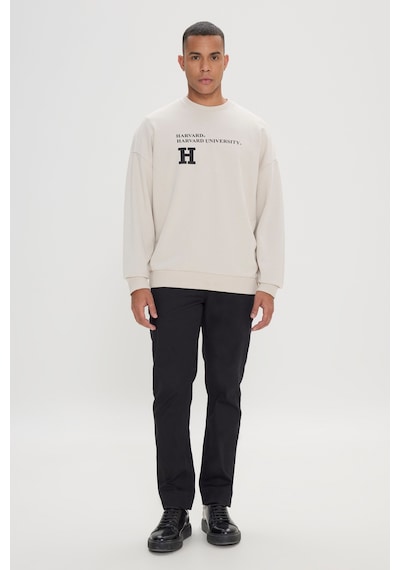 Ac&co / Altınyıldız Classics Erkek Açık Bej Oversize Fit Bol Kesim Harvard Lisanslı Pamuklu Bisiklet Yaka Sweatshirt Açık Bej