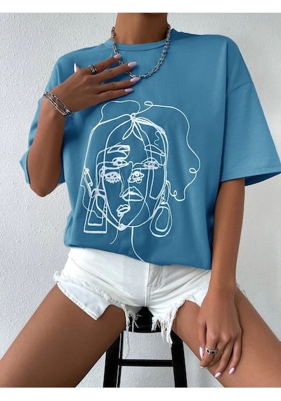 Flood Of Style Kadın Çizgili Figür Oversize Indigo T-shirt Mavi
