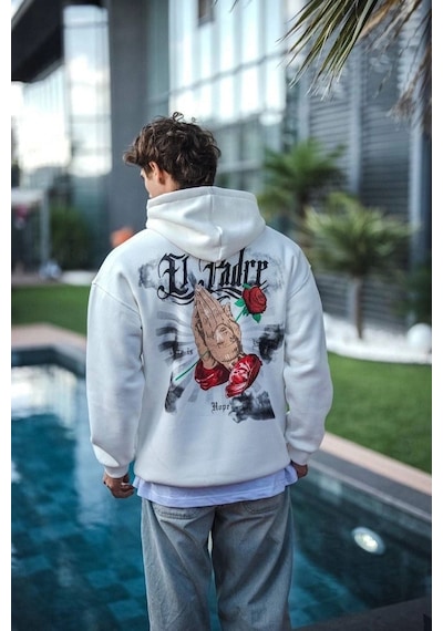 Üç İplik Penye Kapşonlu Baskılı Sweatshirt - Beyaz Beyaz