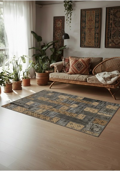 Modern Retro Stil Vintage Halı Özel Tasarım Patchwork Koleksiyonu Çok Renkli