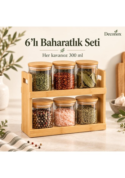 Bambu Standlı 6'li Borosilikat Cam Baharatlık Seti, Her Kavanoz 300 Ml, Bambu Kapaklı, 2 Katlı Baharat Rafı, Yan Tutma Açıklıklı Tezgah Üstü Mutfak Düzenleyici Diğer