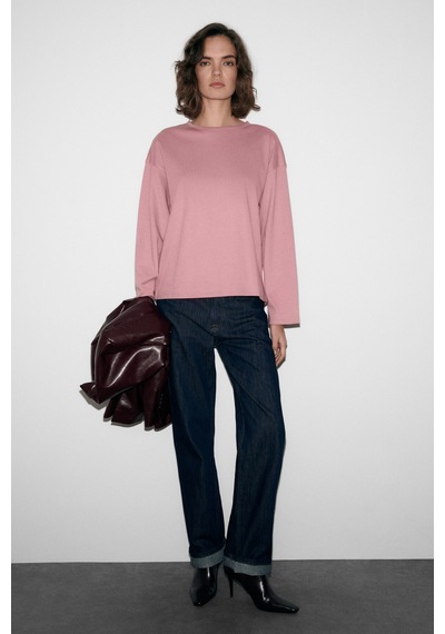 Grımelange Neat Kadın Organik Pamuklu Bisiklet Yaka Oversize Fit Uzun Kollu Pembe T-shirt Pembe