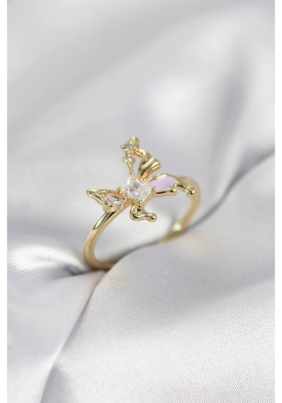 Gold Renk Kelebek Model Zirkon Taşlı Kadın Yüzük Çok Renkli 86378625