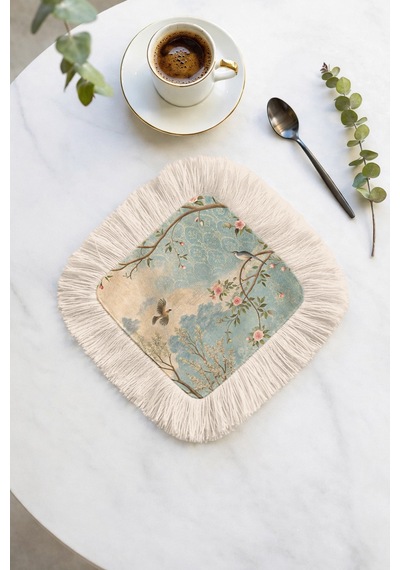 Lüks Kuşlu Çiçekli Püsküllü Sunum Peçetesi-pastoral Vintage Mavi Pembe Krem Bardak Altlığı Mendil Çok Renkli