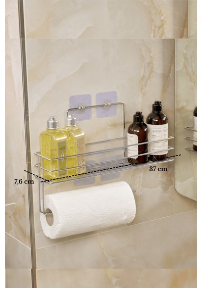 Parlak Silver Modern Banyo Rafı Yapışkanlı Duş Organizer Kağıt Havluluk Gümüş