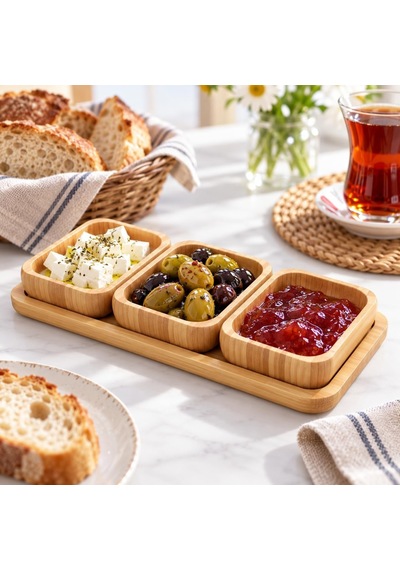Bambu 3'lü Kahvaltılık Ve Sosluk Sunum Seti, Tepsili Doğal Ahşap Servis Takımı, 3 Kase Ve 1 Sunum Tepsisi Çok Renkli