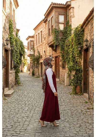 Unika Boutique Tesettür Askılı Jile Elbise Dokuma Bordo