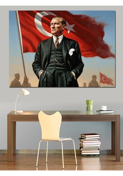 Türk Bayraklı Atatürk Dekoratif Kanvas - Mdf Ahşap Tablo