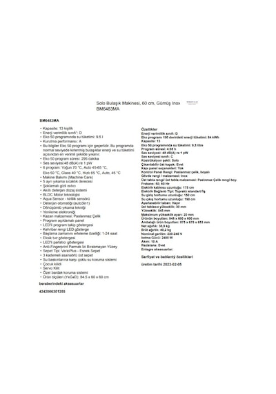 Profilo BM6483MA 6 Programlı 13 Kişilik Bulaşık Makinesi
