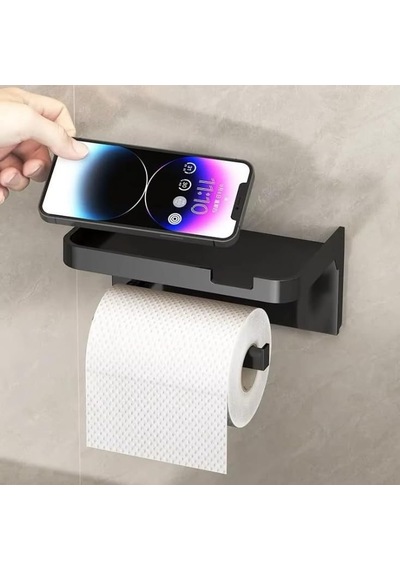 Marelli Black Telefonluklu Wc Kağıtlık / Siyah Tuvalet Kağıdı Tutucu Raflı Çok Renkli