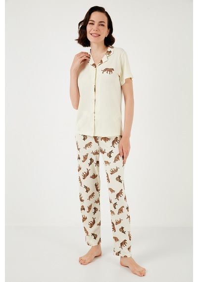 Lela Regular Fit Gömlek Yaka Kısa Kollu Bayan Pijama Takımı 65740102 Bej
