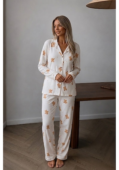 Fit Women Kadın Düğmeli Uzun Uyku Ve Beyaz Pijama Takımı