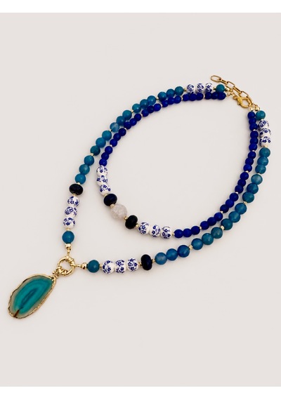 El Yapımı Mavi Kalsedon, Lapis Lazuli & Akik Doğal Taşlı Kolye Seti