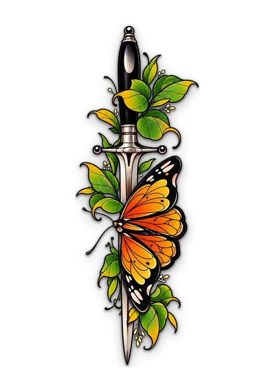 Antik Bıçak, Yapraklar Ve Kelebek - Metal Tablo - Dec0269 27 X 75 Cm Çok Renkli