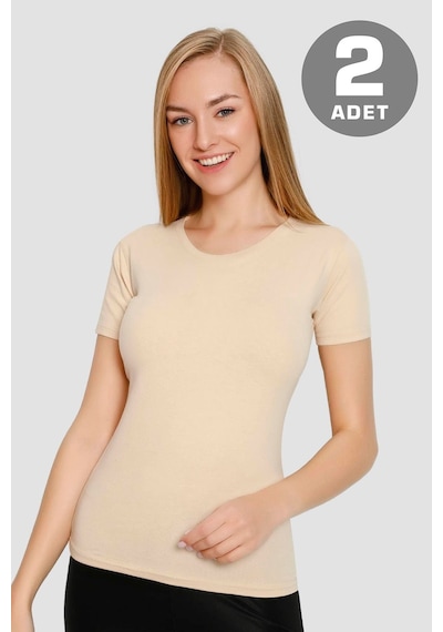 Arma Yıldız Kadın Ten Rengi Basic Tişört 2'li Paket Pamuklu Likralı Esnek Kısa Kol Fanila Ten