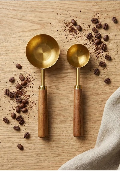 Ahşap Saplı Gold Ölçü Kaşığı Takımı - 2'li Kahve Ölçüm Kaşığı - 30 + 60 Ml