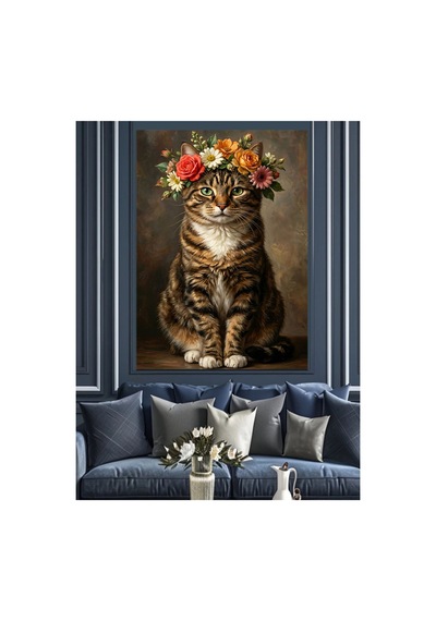 Çiçek Tacı Takmış Masum Kedi Portresi Yağlı Boya Dokulu Kanvas Tablo Canvas Tablosu