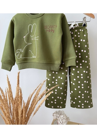 Monila Kız Çocuk Haki Nakış Detaylı Puantiye Eşofman Altlı Pamuklu Altüst Takım Yeşil
