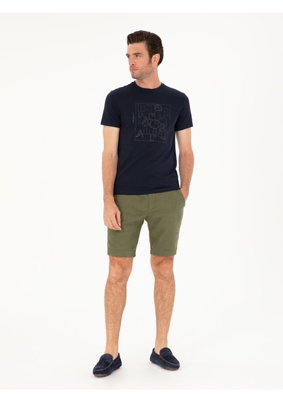 Cacharel Haki Regular Fit Beli Lastikli %100 Keten Şort YESIL