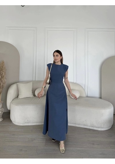 Defymoda Keten Yandan Yırtmaçlı Uzun Sıfır Kolsuz Elbise - Mavi Mavi