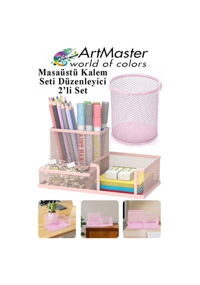 Masaüstü Metal Silindir Kalemlik Ve 3 Lü Düzenleyici 1 Paket Fileli Perfore Açık Pembe Kalemlik Kağıtlık Düzenleyici Açık Pembe