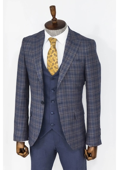 Ekose Ceketli Slim Fit Mavi Erkek Takım Elbise - Wessi Mavi