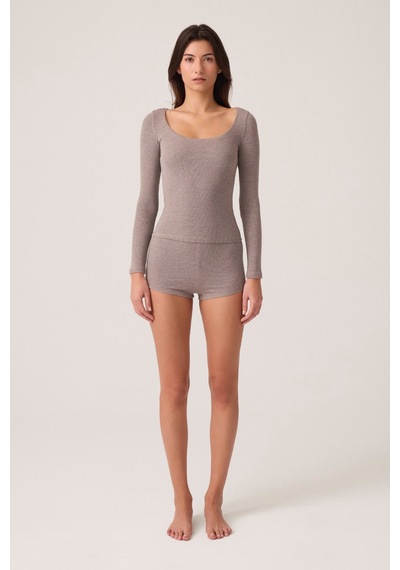 Los Ojos X Ece Vizon Modal Kumaşlı Uzun Kollu Şortlu Pijama Takımı Ribbed Pj Vizon Vizon