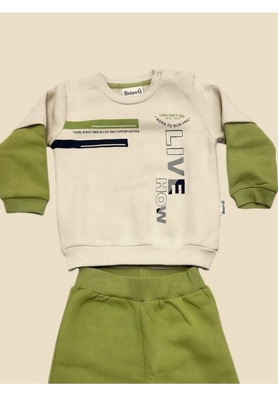 Mini World Erkek Çocuk Kalın Pamuklu Bel Paça Lastikli Eşofman Takım-14656 Yesil