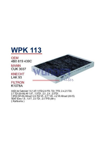 WUNDER WPK113 Polen Filtresi Audi A4 00- A6 97- (Karbonlu)