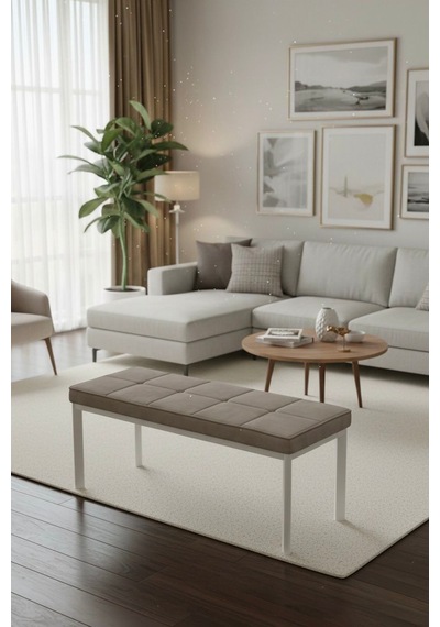 Vena 105x40 Bench - Babyface Kumaş Çımalı Döşeme Puf Bench Beyaz Ayaklı Cappuccino