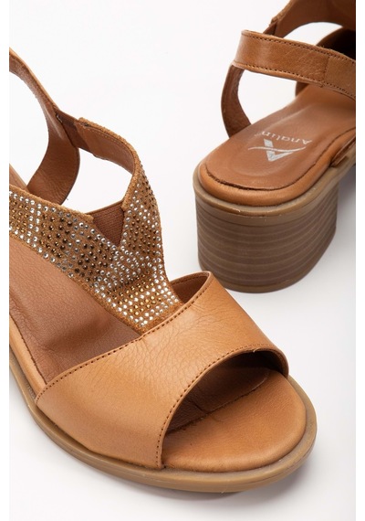 Analin Shoes Kadın Hakiki Deri Lastikli Rahat Taşlı Sandalet Kot Mavi Taba
