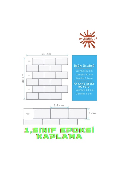 30 30cm White Stone Epoksi 1 Adet 3d Yapışkanlı Kaplama Duvar Sticker Panel Mutfak Banyo Salon Ofis