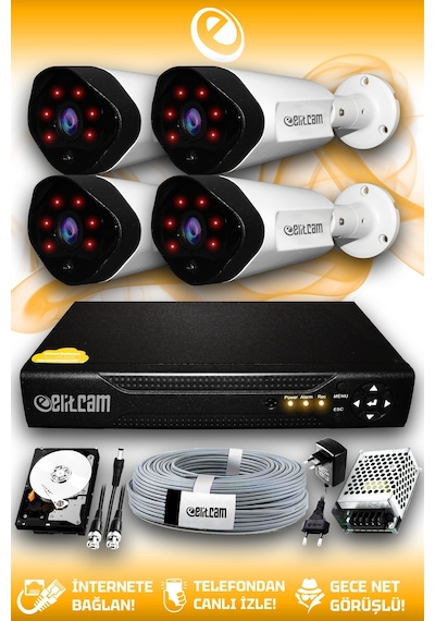 Elitcam 4 Kameralı Uzay 4 Dış Kamera Set 320 GB HDD Full HD Gece Görüşlü Güvenlik Kamerası Sistemi