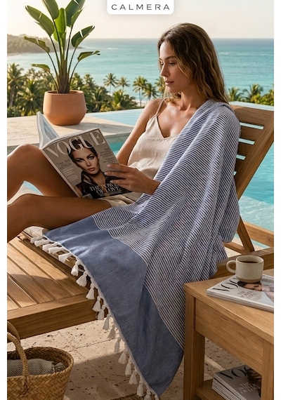 Calmera Çizgili Peştemal Pamuk - Doğal Saçaklı Plaj, Deniz, Havuz, Spa, Sauna, Spor, Seyahat Havlu - Lacivert