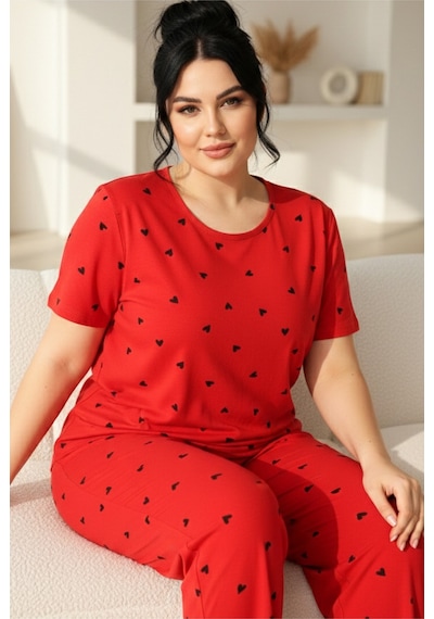 Siyah İnci Büyük Beden Battal Örme Pijama Takım 7614 Kırmızı