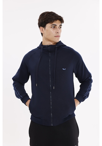 Rowinger Çift Şerit Kol Detaylı Tam Fermuarlı Cepli Rahat Kalıp Ayarlanabilir Kapüşonlu Sweatshirt Navyblue