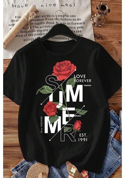Spoyi Rose Forever Tasarımlı %100 Pamuk Yarım Oversize Siyah T-mhirt
