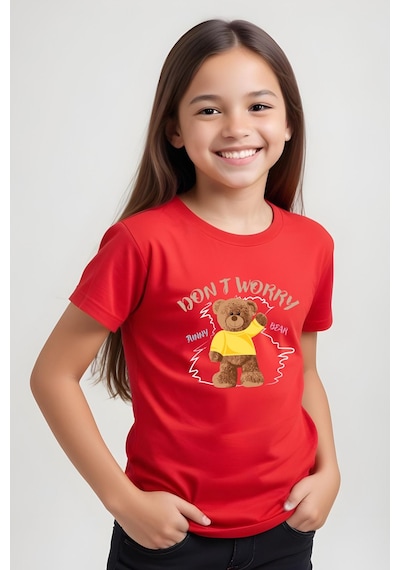 Panios Kids Worry Bear Baskılı Kız Çocuk Kısa Kollu T-shirt Kırmızı