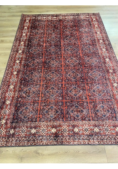 Çam Halı Anatolia 32-059 Etnik Afgan Halısı Desenli Dokuma Tabanlı Yıkanabilir Şönil Salon Ve Oda Halısı Kırmızı - Bordo