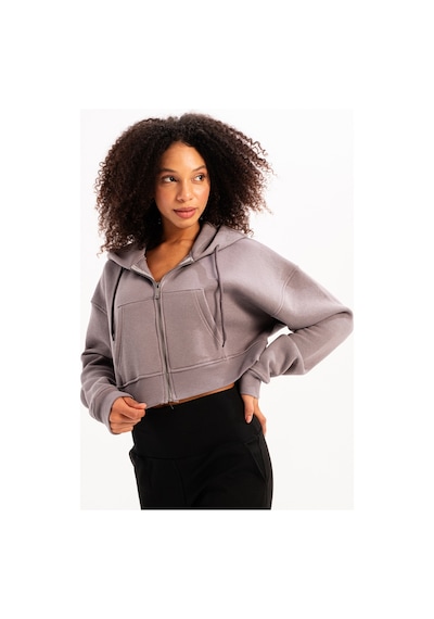 Justever Crop Kapüşonlu Fermuarlı Kanguru Cepli Şardonlu Hoodie Gri Kadın Sweatshirt - Lumen Gri